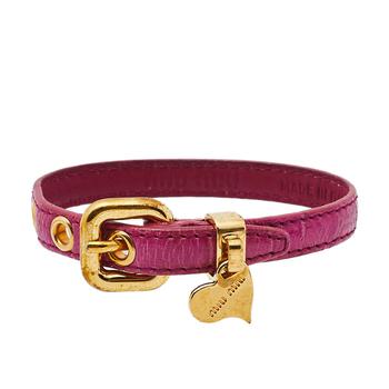 推荐Miu Miu Pink Leather Gold Tone Heart Charm Bracelet商品
