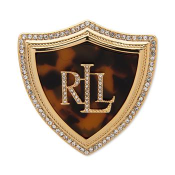 Ralph Lauren | Gold-Tone Pavé Logo Tortoise-Look Shield Pin商品图片,额外7折, 额外七折