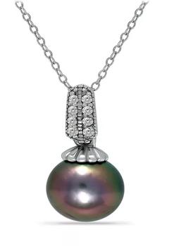 商品11MM Tahaitian Pearl and White Topaz Pave Pendant Necklace on 18 inch chain , Sterling Silver图片