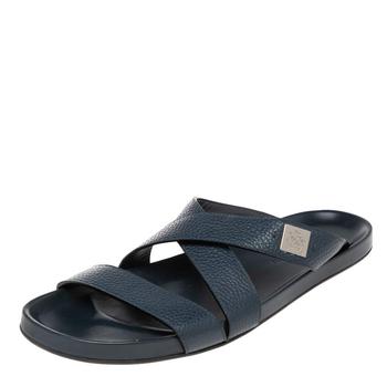 更多路易威登男鞋, [二手商品] Louis Vuitton | Louis Vuitton Navy Blue Leather Criss Cross Strap Flat Slides Size 44.5商品图片 6.4折, 满1件减$100, 满减