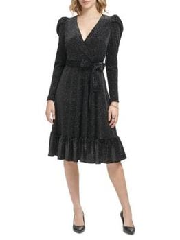 Karl Lagerfeld Paris | Glitter Velvet Puff Sleeve Midi Dress商品图片,4.7折, 满$150享7.5折, 满折