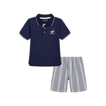 Nautica | Little Boys Tipped Pique Polo Shirt and Prewashed Plaid Shorts, 2 Pc Set,商家Macy's,价格¥258