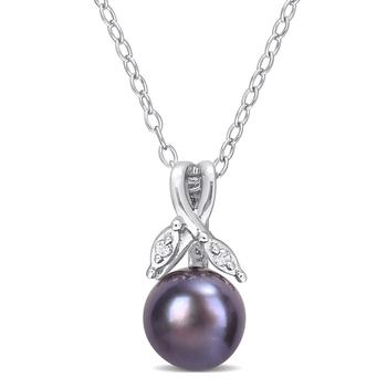 商品7.5 - 8 MM Black Freshwater Cultured Pearl and Diamond Accent Pendant With Chain in Sterling Silver图片