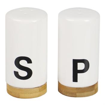 商品Home Basics Ceramic Salt and Pepper Shaker Set with Bamboo Accents, White图片