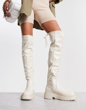 New Look over the knee chunky stretch flat boots in Cream product img
