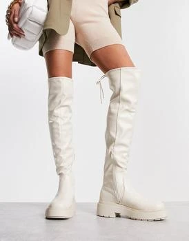 推荐New Look over the knee chunky stretch flat boots in white商品