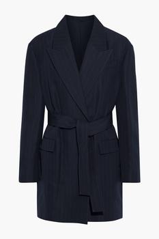 Brunello Cucinelli海淘, Brunello Cucinelli | Belted pinstriped wool and linen-blend blazer商品图片 2.9折