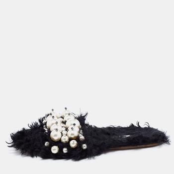 推荐Miu Miu Black Faux Fur Pearl Embellished Slide Flats Size 38商品
