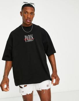 product Topman extreme oversized t-shirt with Paris embroidery in black image
