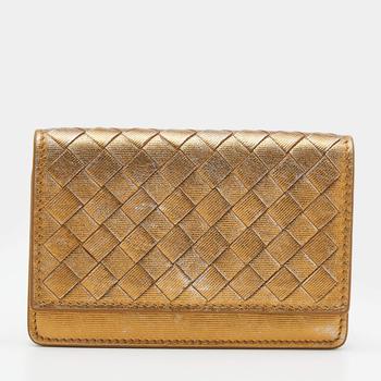 推荐Bottega Veneta Gold Intrecciato Leather Business Card Case商品