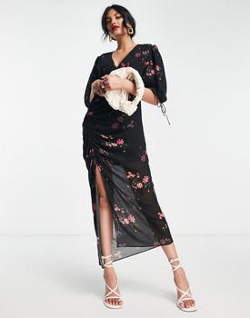 ALL SAINTS | AllSaints Safiya rouched split midi dress in black floral商品图片,