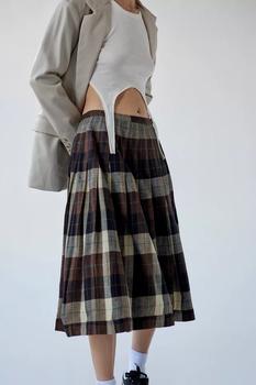 推荐Urban Renewal Vintage Plaid Pleated Maxi Skirt商品