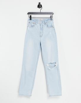 推荐Abercrombie & Fitch straight leg raw hem knee rip jeans in light blue wash商品