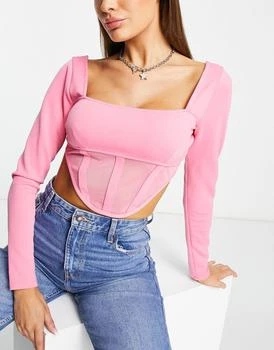 推荐ASYOU long sleeve corset top with mesh in pink商品