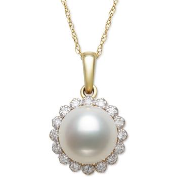 Belle de Mer | Cultured Freshwater Pearl (7mm) & Diamond (1/8 ct. t.w.) Halo 18" Pendant Necklace in 14k Gold. Created for Macy's商品图片,5折×额外8折, 额外八折
