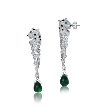 商品Sterling Silver Rhodium Plated With Emerald And Clear Cubic Zirconia Fauna Drop Earrings图片