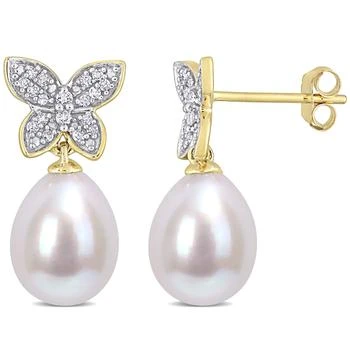 Mimi & Max | 8.5-9 MM Freshwater Cultured Pearl and 1/8 CT TDW Diamond Butterfly Drop Earrings in 10k Yellow Gold 5.8折, 独家减免邮费