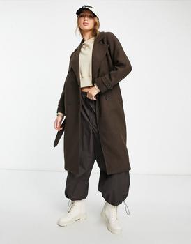 推荐Bershka maxi belted coat in chocolate brown商品