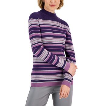 Karen Scott | Women's Striped Cotton Mock Neck Sweater, Created for Macy's商品图片,