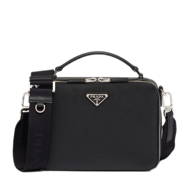 Prada | 【预售3-7天】PRADA/普拉达 22春夏新款Brique系列 男士黑色Saffiano皮革银扣三角徽标配织物肩带单肩斜跨包手提包2VH069_9Z2_F0002_V_YMI商品图片,8折, 包邮包税