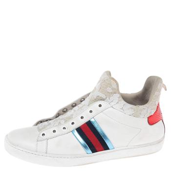古驰高帮鞋, [二手商品] Gucci | Gucci White Lace And Leather Ace Slip On High Top Sneakers Size 39商品图片 6.6折, 满1件减$100, 满减