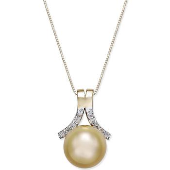 商品Macy's | Cultured Golden South Sea Pearl (10mm) and Diamond (1/6 ct. t.w.) Pendant Necklace in 14k Gold,商家Macy's,价格¥4446图片