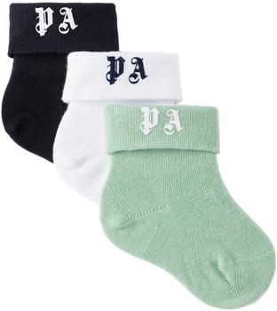 商品Palm Angels | 三双装蓝色 & 白色徽标婴儿短筒袜,商家SSENSE CN,价格¥588图片