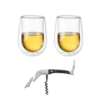 ZWILLING Sorrento Double-Wall Stemless White Wine Glasses with Waiters Corkscrew 3-pc Set