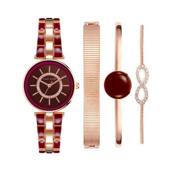 Anne Klein | Women's Rose Gold-Tone Alloy Bracelet with Burgundy Enamel and Crystal Accents Fashion Watch 34mm Set 4 Pieces商品图片,