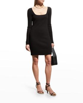 vince dress, Vince | Long-Sleeve Ribbed Square-Neck Mini Dress商品图片 