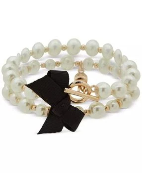 Anne Klein | Gold-Tone Imitation Pearl & Black Bow Double Row Toggle Stretch Bracelet,商家Macy's,价格¥171