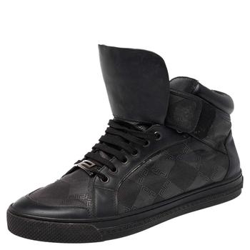 范思哲男鞋海淘, [二手商品] Versace | Versace Black Monogram Nylon and Leather Lace High Top Sneakers Size 41商品图片 2.1折