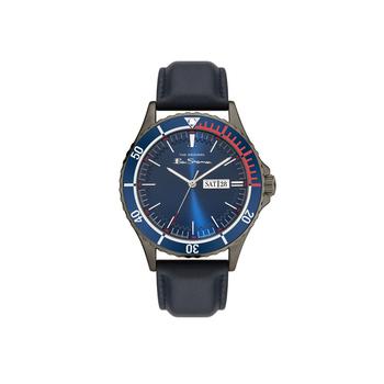 product Men's Three Hands Day Date Dark  Blue Genuine Leather Strap Watch 44mm image