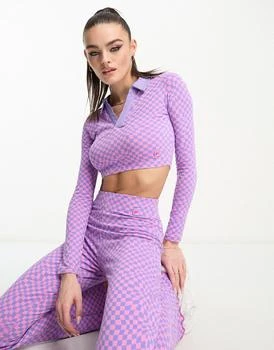 Fila | Fila warped check collared long sleeve top in pink and purple 4.6折