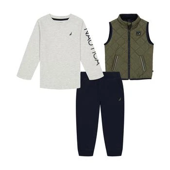 Nautica | Baby Boys Long Sleeve Graphic T-shirt, Quilted Puffer Vest and Fleece Joggers, 3 Piece Set,商家Macy's,价格¥517