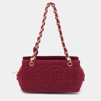 香奈儿122单肩包, [二手商品] Chanel | Chanel Burgundy Choco Bar Quilted Jersey Shoulder Bag商品图片 4.5折