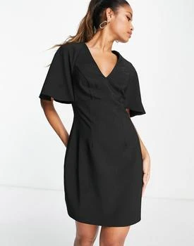 ASOS | ASOS DESIGN v neck mini dress with fluted sleeve in black 8.5折, 独家减免邮费