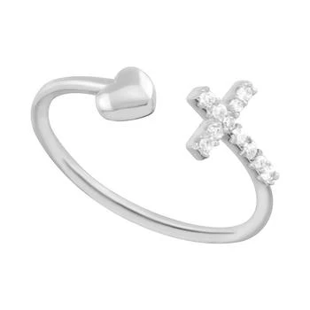 Essentials | Crystal Cross & Heart Open Toe Ring in Silver-Plate,商家Macy's,价格¥139