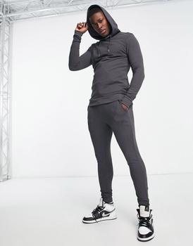ASOS | ASOS DESIGN muscle hoodie with super skinny joggers tracksuit in washed black商品图片,