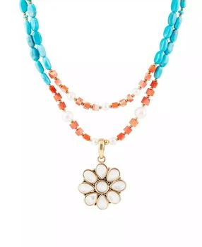 Barse | Hibiscus Genuine Multi Stone Mother of Pearl Bronze Flower Pendant Necklace,商家Macy's,价格¥1005