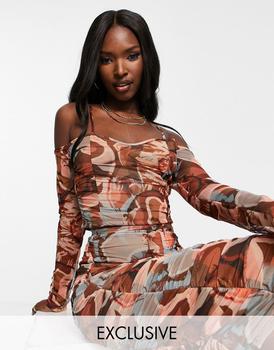 推荐ASYOU ruched mesh bralet co ord in print商品