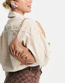 ASOS DESIGN 70s ruched curved shoulder bag with chain in tan product img