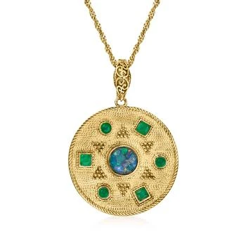Ross-Simons Black Opal and Green Agate Sun Medallion Pendant Necklace in 18kt Gold Over Sterling