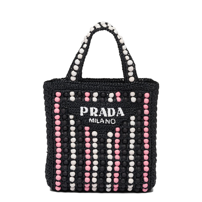 Prada | 【预售3-7天】PRADA/普拉达 22新款 女士黑色酒椰纤维搭配彩色木质球串珠单肩手提托特包1BG425_2FJ0_F0002_V_OOO商品图片,8折, 包邮包税