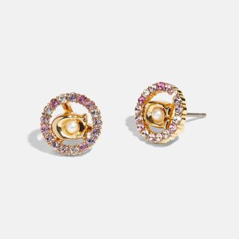 推荐Coach Women's C Multi Stud Earrings - Gold/Pink Multi商品