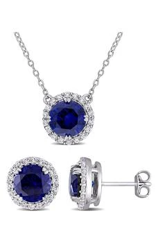 DELMAR | Sterling Silver Lab Created Sapphire & White Topaz Halo Earrings & Necklace Set,商家Nordstrom Rack,价格¥1342