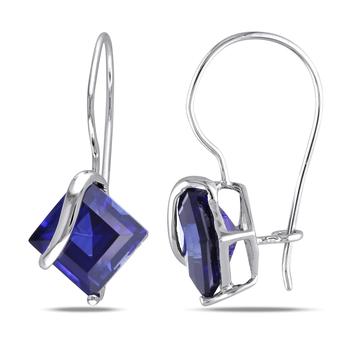 商品3 3/8 CT TGW Square Cut Created Blue Sapphire Earrings in 10K White Gold图片