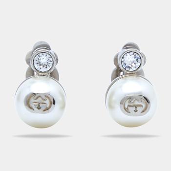 推荐Gucci GG Faux Pearl Crystals Silver Tone Clip On  Earrings商品