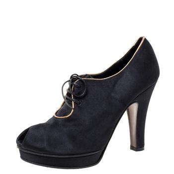 [二手商品] Fendi | Fendi Black Satin Platform Peep Toe Lace Up Ankle Booties Size 37商品图片,5.5折