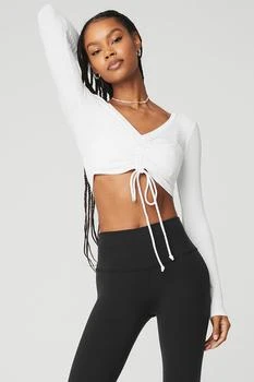 Ribbed Cinch Cropped Long Sleeve - White